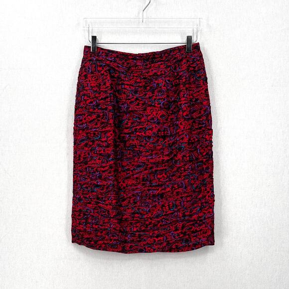 RAUL BLANCO Vintage 80s Silk Pencil Skirt 12 Red Multi Scrunch Ruched Printed - Picture 2 of 15